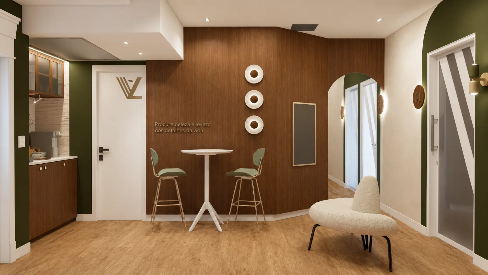 Recepção de um consultório Vellare em Itajaí, com parede em verde-musgo e detalhe iluminado em dourado